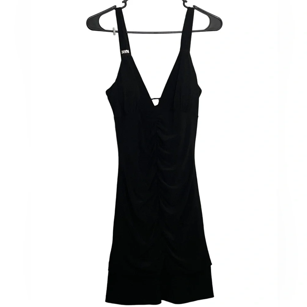 BLACK RUCHED MINI DRESS - Picture 1 of 5